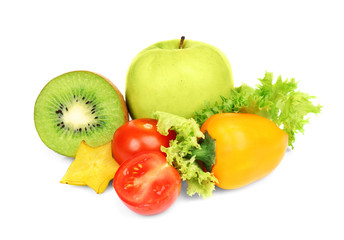 Fresh vegetables and fruits on white background