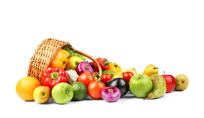 Fresh vegetables and fruits with basket  on white background
