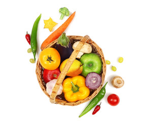 Fresh vegetables and fruits  in basket on white background