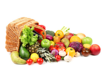 Fresh vegetables and fruits with basket  on white background