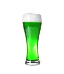 Glass with cold green beer on white background. Saint Patrick's Day concept