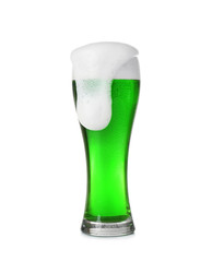 Glass with cold green beer on white background. Saint Patrick's Day concept