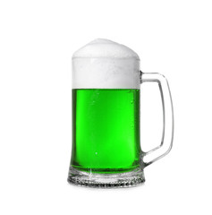 Mug with cold green beer on white background. Saint Patrick's Day concept