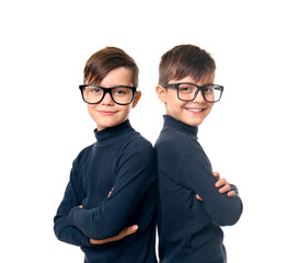 Twin brothers in glasses on white background