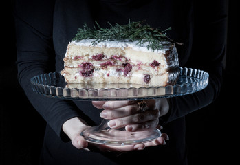 Cake with blackberries on the tray