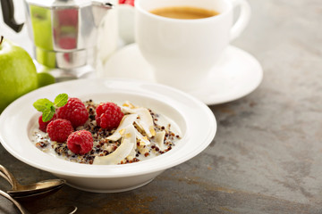 Quinoa porridge with raspberry and coconut flakes