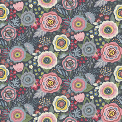Fototapeta premium Vector seamless pattern with flowers, leaves, branches and berries