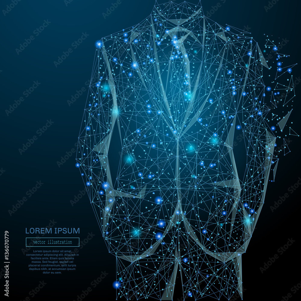 Poster Abstract image of a businessman in suit in the form of a starry sky or space, consisting of points, lines, and shapes in the form of planets, stars and the universe. Vector business wireframe concept.