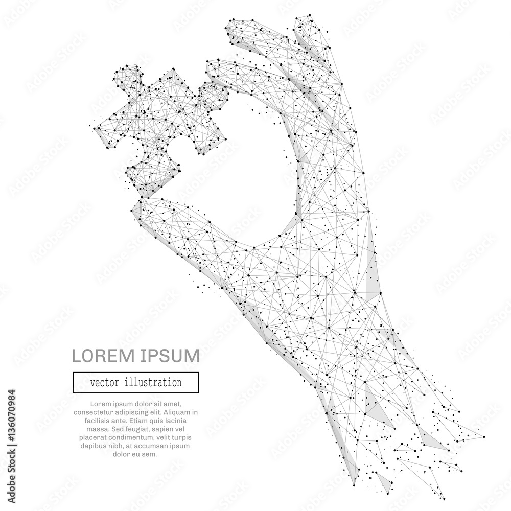 Poster Abstract hand holding puzzle polygonal, geometry triangle. Light connection structure. Low poly vector background. Business concept