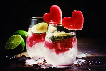 Zelfklevend Fotobehang Valentine's Day cocktail with red fruit hearts, selective focus © 5ph