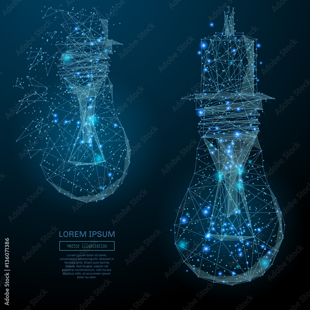 Aufkleber Abstract image of a lamp bulb in the form of a starry sky or space, consisting of points, lines, and shapes in the form of planets, stars and the universe. Vector business