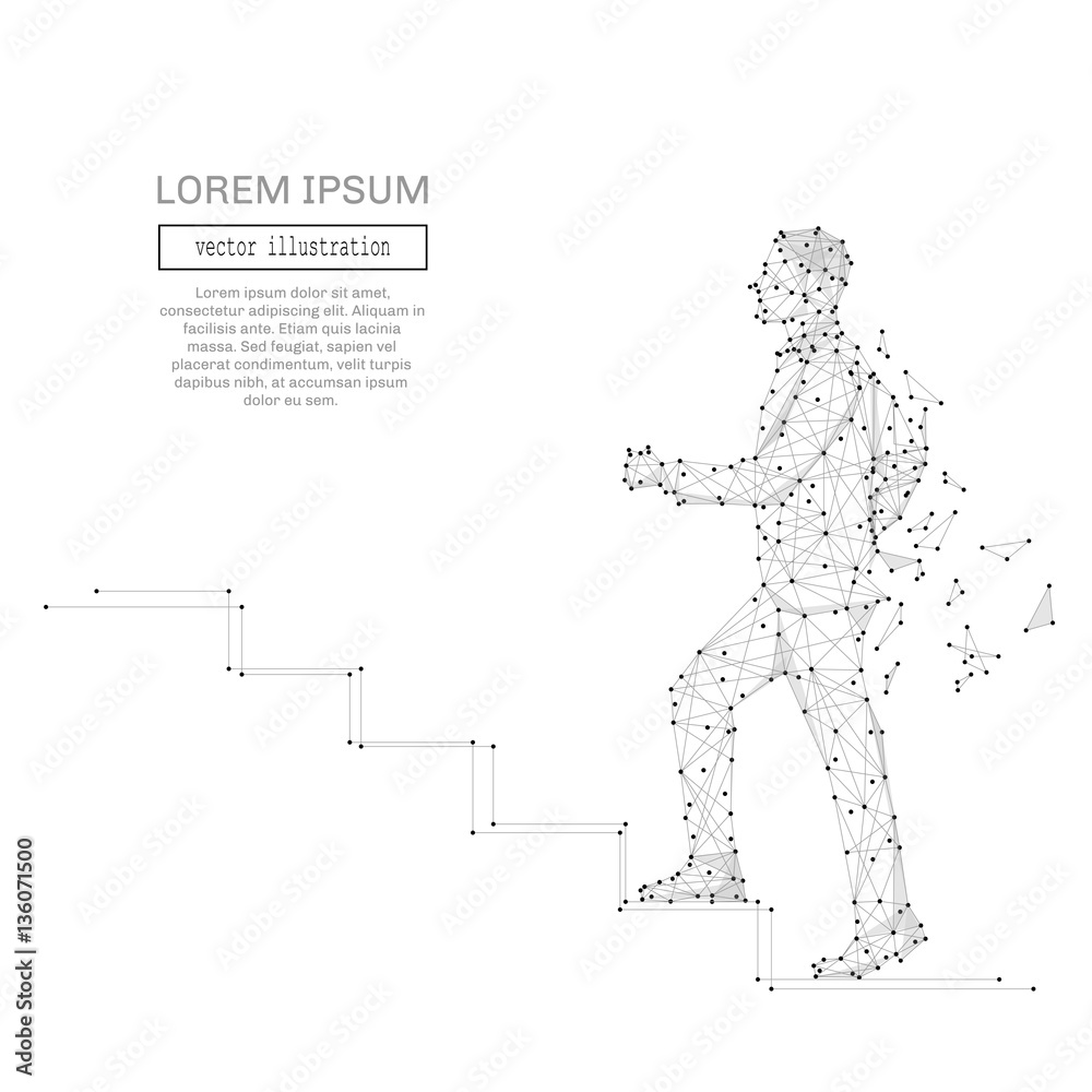 Poster Abstract man climb stairs polygonal, geometry triangle. Light connection structure. Low poly vector background. Business concept