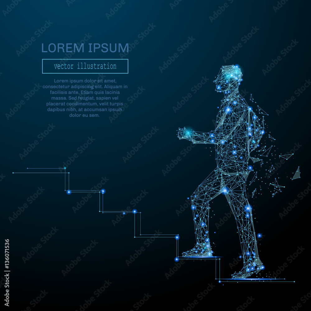 Poster Abstract image of a man climb stairs in the form of a starry sky or space, consisting of points, lines, and shapes in the form of planets, stars and the universe. Vector business