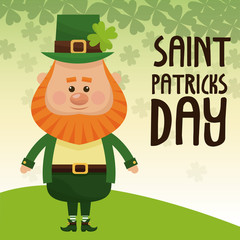 saint patricks day leprechaun standing with suit hat clover lettering poster vector illustration eps 10