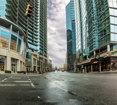 Modern city scene from street level