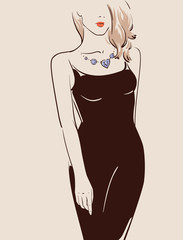 Beautiful sexy girl with long hair posing in a black dress vector illustration eps 10