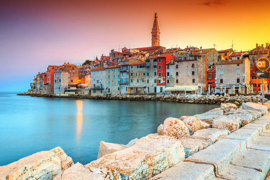 Amazing sunset with colorful sky, Rovinj, Istria region, Croatia, Europe