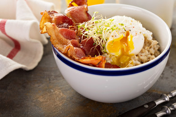 Savory oatmeal porridge with egg and bacon