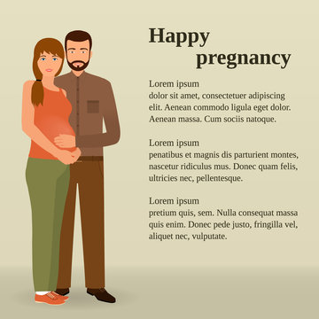 Happy pregnancy family. Couple of man and pregnant woman standing together. Infographics for gynecological department.