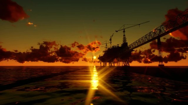 Oil Rig in Ocean at sunset