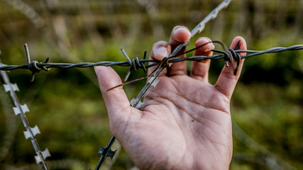 Barbed wire fences are broken damaged with untiring patience in vintage style picture.