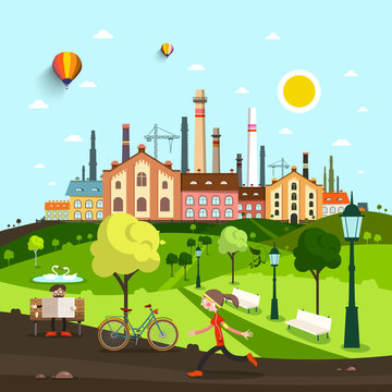 Town, City with Old Factory and Houses. People in Park on Background. Vector Abstract Landscape.