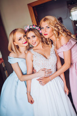 nice portrait of beautiful bride and her charming bridesmaids