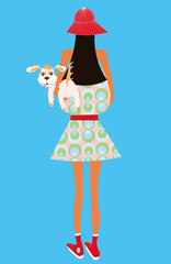 vector illustration with a pretty fashion girl in red had with a small funny dog in her hands