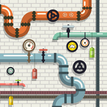 Pipeline. Vector Flat Design Plumbing. Pipes on Brick Wall.
