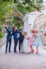 Bride and groom with Bridesmaids and groomsman on the street having fun.