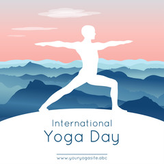 Fototapeta na wymiar Vector illustration with yogi in yoga pose on an mountains landscape background for use as template of poster for International Yoga Day, 21st June.