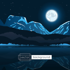 Vector landscape with moon, mountains, lake and stars in the night in gradient colors for use as a template of banner, backdrop, poster or splash screen.