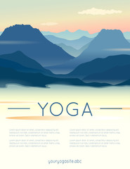 Vector yoga illustration with mountains landscape, lake, sunrise and sample text in gentle colors for use as a template of banner, backdrop or poster for 21st June, International Yoga Day.