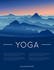 Fototapeta na wymiar Vector yoga illustration with mountains landscape, sunrise and sample text in blue colors for use as a template of banner, backdrop or poster for 21st June, International Yoga Day.