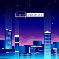 Naklejka premium Vector illustration with view of a big city at the evening and sample text, in blue colors for use as a template of banner, backdrop, poster, screen saver or splash screen.