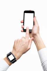 Mockup of cellphone in male hands and smart watch isolated