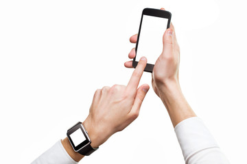 Mockup of cellphone in male hands and smart watch isolated