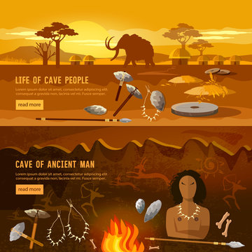 Stone age banner. Neanderthal man in a cave, hunting for mammoth