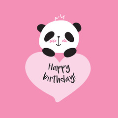 Greeting card with little cute panda and heart. Happy Birthday. Doodles, sketch for your design. Vector.