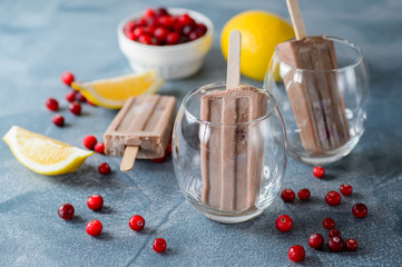 Chocolate popsicles with a cranberry