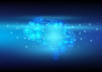 Abstract digital and technology background. Artificial Intelligence with brain and binary code.