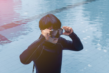 Free diving training on swimming pool