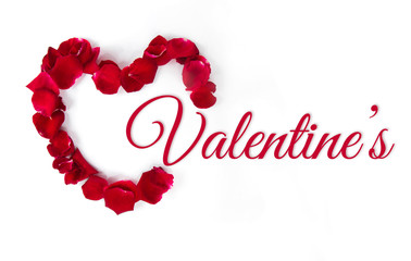 Valentine's greeting with heart shape made of petals on white background