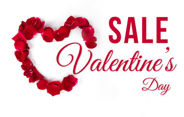 Valentine's Day sale with heart shape made of petals on white background