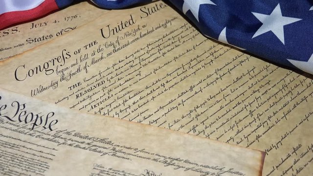 United States Bill of Rights Preamble to the Constitution and American Flag
