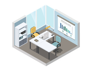 Vector isometric illustration of office working place, 3d flat interior design