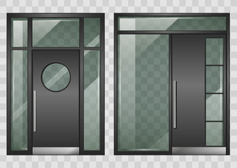 Set of modern entrance doors black. With tinted transparent glass. Vector graphics