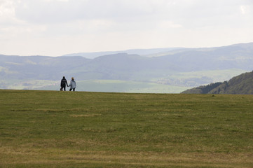 ein paar schlendert &uuml;ber eine bergwiese