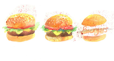 Watercolor set with different burgers