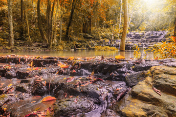Beatiful of waterfall in colorful autumn forest with sun ray, Saraburi, Thailand